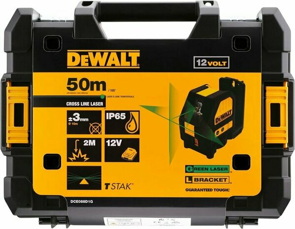 DeWalt DCE088D1G 10.8V accu zelfnivellerende kruislijnlaser set (1x 2.0Ah accu en lader) in koffer - 2 lijnen - 30m - groen