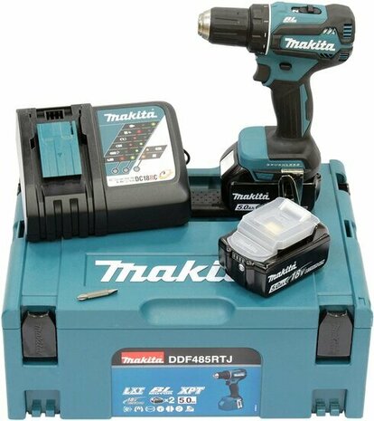 MAKITA DDF485RTJ 18V BOOR- EN SCHROEFMACHINE BRUSHLESS 5,0 AH ACCU (2 ST), SNELLADER in MBOX