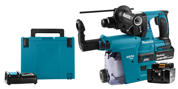 Makita DHR242RTJW 18V SDS-Plus accu combihamer incl. stofafzuiging set (2x 5,0Ah en lader) in Mbox - 24mm - koolborstelloos