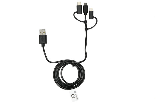 Autolader USB 2.4A inclusief 3-in-1 kabel 1.5 mtr 12-24V