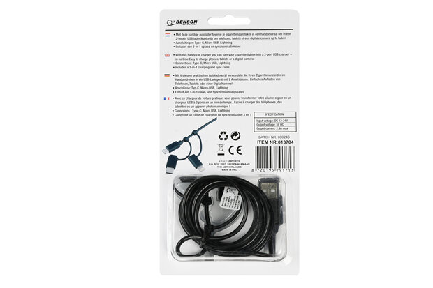 Autolader USB 2.4A inclusief 3-in-1 kabel 1.5 mtr 12-24V