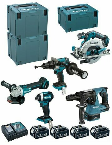 Makita DLX5038PTJ combiset 5-delig 4x 18V 5,0Ah + Mbox koffers