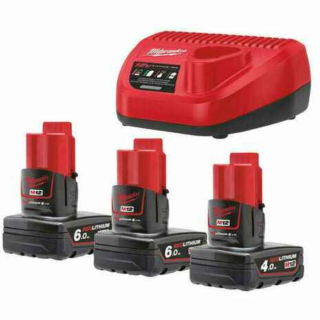 Milwaukee M12 NRG01-643 12V Li-Ion Starterset (2x 6ah +1x 4ah accu&#039;s en lader) 4933459208