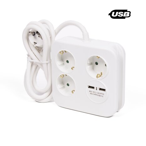 Stekkerdoos 3-voudig + RA + 2 USB 2.4a 1.5 mtr vierkant